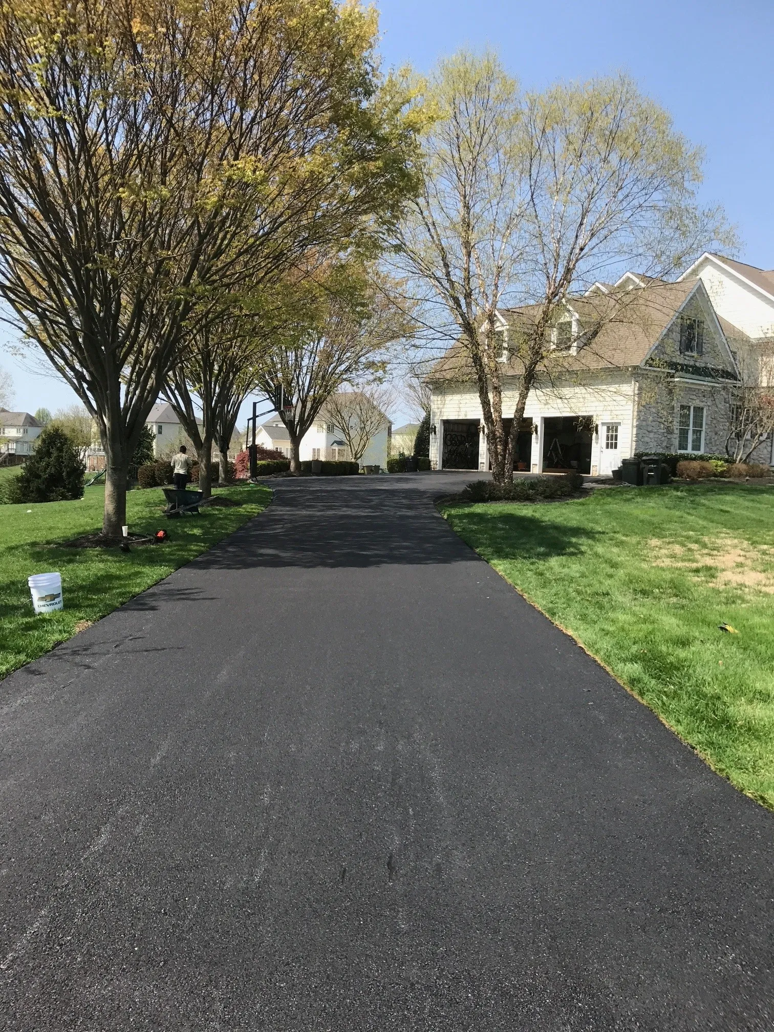 Freshly paved black asphalt driveway leading to a house, lined with trees and green grass on a sunny day.